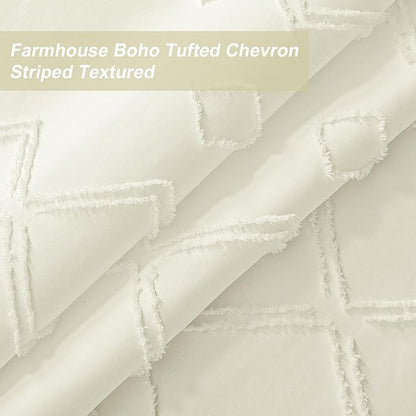 No Hooks Shower Curtain with Snap-in Liner, Beige Boho Fabric Tufted Chevron Striped Textured Shower Curtains for Bathroom, Water Repellent Hotel Quality Luxury Shower Curtain, 72Wx74H