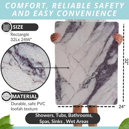 Enkosi Loofah Non-Slip Shower Mat - Shower Floors, Bathtub, Bathrooms, Wet Areas - Cushioned Bath Mat with Drain Holes - Quick Dry PVC, Secure Safety Pad Without Suction Cups (32x24 Marble Grey Blue)