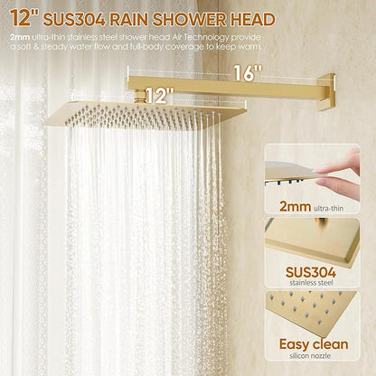 Gold Tub Shower System, All Metal Tub Shower Faucet Set with 12" Rain Shower Head and Handheld Spray combo, Wall Mounted Shower Systems with Tub Spout, Valve and Trim Kit, Brushed Gold