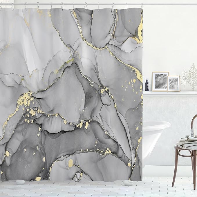 Long Shower Curtain 72 x 78 Inch, Tall Abstract Marble Shower Curtains for Bathroom Decor, Modern Luxury Art Decor Ink Texture Fabric Shower Curtain Set with Hooks, Grey
