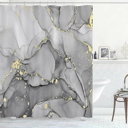 Extra Long Shower Curtain 72 x 84 Inch, Grey Tall Abstract Marble Shower Curtains for Bathroom, Modern Luxury Art Decor Ink Texture Fabric Shower Curtain Set with Hooks