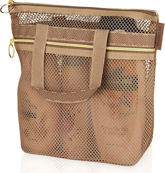 Mesh Shower Bag 10.2x9.9'' Quick-Dry Caddy with Zipper & 2 Pockets. Portable Toiletry Tote for Bathroom, Gym, Travel, Camp, Beach, for Sunscreen, Dorm & College Essentials (Brown)