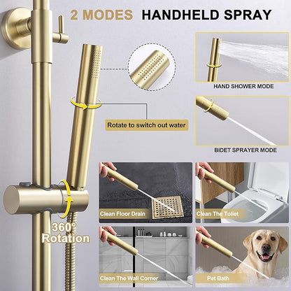 Brushed Gold Exposed Shower System with 2 Modes HandHeld,3 Functions Tub Shower Faucet Sets with Brass Valve, Shower Fixture with 10 Inches Rainfull Shower Head,Shower Height Adjustable