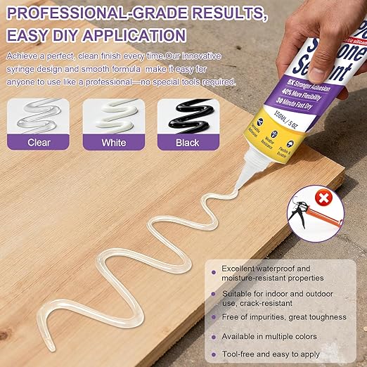 High-Strength Silicone Sealant & Adhesive - 100% Waterproof, Flexible Caulk for Kitchen, Bathroom, Shower, Window, Auto - Creates Durable, Shrink & Crack Resistant Seal 5 Oz. Tube. (White)