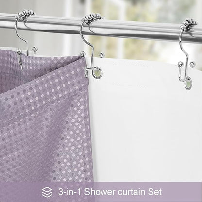3 in 1 Long Purple Shower Curtain Set-72 W x 78 H, Lavender Waffle and PEVA Liner Set with 12 Stainless Steel Hooks, Waterproof Fabric for Bathroom