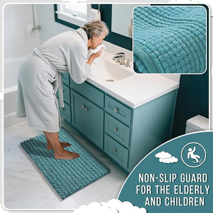 Yimobra Bathroom Runner Rug 55x24 Inch - Extra Long Non Slip Chenille Bath Mat, Soft & Absorbent, Machine Washable Shaggy Hallway Carpet for Vanity Tub Shower, Teal Blue Home Decor Accessories
