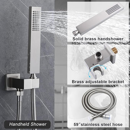 Digital Display Shower System Brushed Nickel Shower Faucet Set with 14X20 inch Ceiling Mounted Shower Head and 8 inch Wall Mounted Shower Head Combo, Handheld Shower