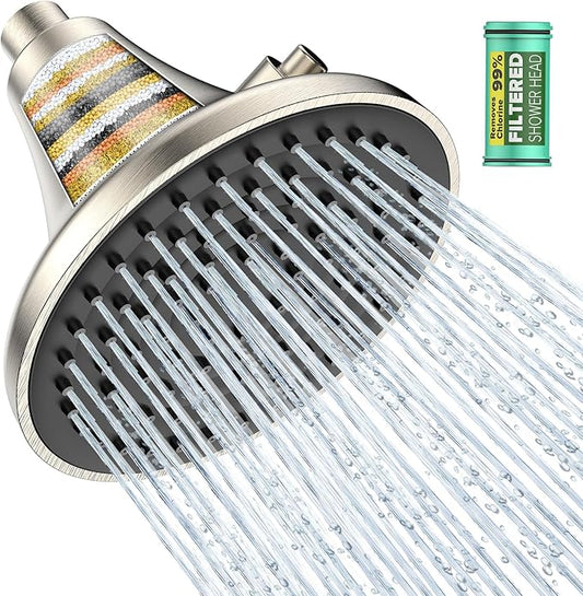 High Pressure Filtered Shower Head, One-Button Filter Replacement, Removes Chlorine & Impurities, Say Goodbye to Dry Skin & Frizzy Hair, 1-Minute Installation, Brushed Nickel