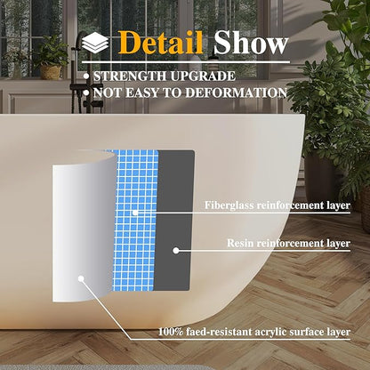 59" Acrylic Freestanding Bathtub, Free Standing Tub, Stand Alone Tub with Overflow and Drain, cUPC Certified, Gloss White
