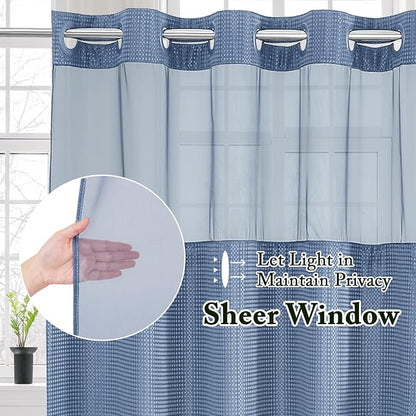 Gibelle Extra Long Shower Curtain 72x86, Waffle Weave Bathroom Shower Curtain with Snap-in Fabric Liner Set, No Hooks Needed, Hotel Style with Mesh Top Window, Moonlight Blue