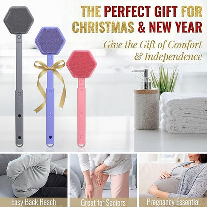 Silicone Back Scrubber for Shower – 21in Extendable Shower Brush with Long Handle – Dual-Sided Back Brush with Non-Slip Grip, Gentle Cleansing & Exfoliation for Men, Women, Elderly (Gray)