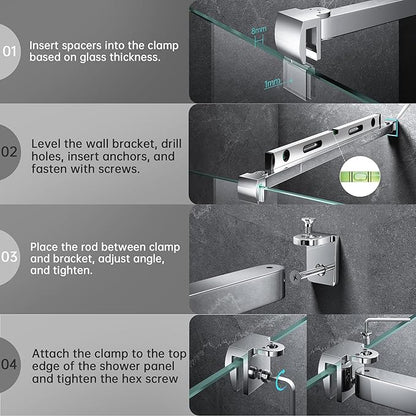 Frameless Shower Door Support Bar, Stainless Steel Wall-to-Glass Support Arm to Fixed Shower Glass Panel, for 1/4"-3/8" (6-10 mm) Door, 180° Pivot & Stow-Flat Mode (Chrome, 27.6-inch(700mm))