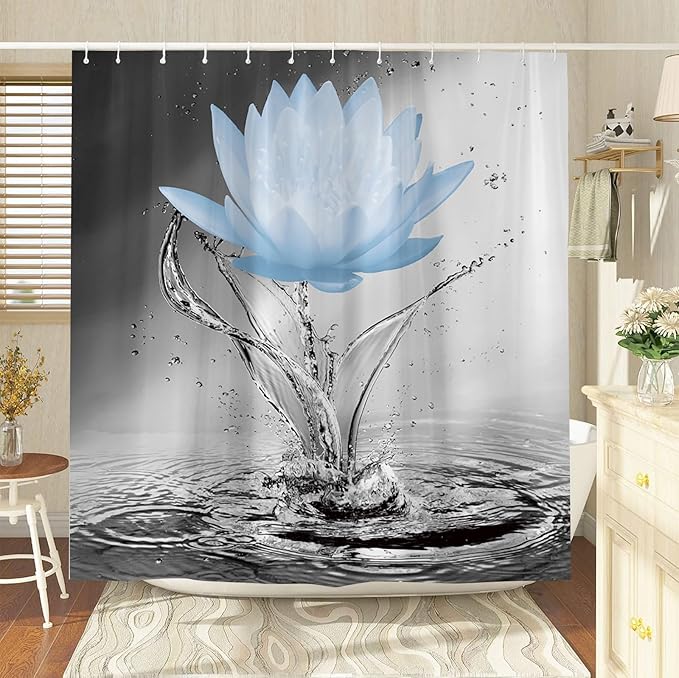 Lotus Shower Curtain Black White Grey Blue Flower Elegant Blooming Floral with Dew Spring Flower Reflection on Water Modern Romantic Polyester Fabric Bathroom Decor 60×70 Inch with Hook