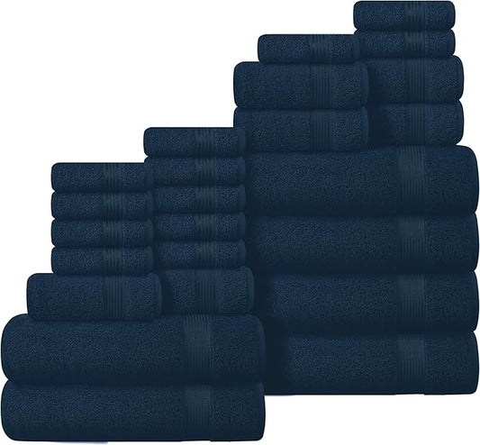 Belizzi Home 100% Cotton Towel Set, Contains 6 Soft Bath Towel, 6 Hand Towel, 12 Wash Cloth - Compact Absorbent Lightweight & Quickdry Towels for Bathroom - 24 Piece Bathroom Towel Set - Mineral Blue