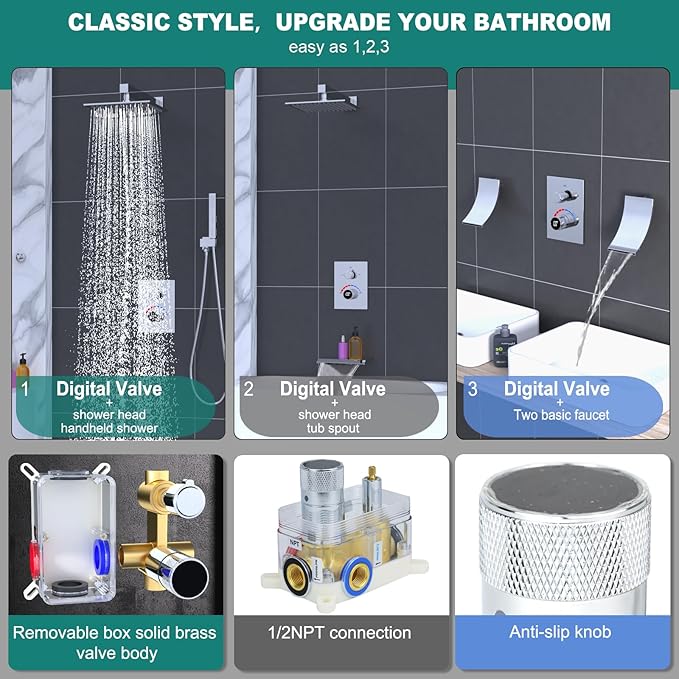 Temperature Display 2 Way Shower Valve Brass Rough-in and Rectangle Trim Kit, Dual Function Digital Shower Mixer Valve, Chrome