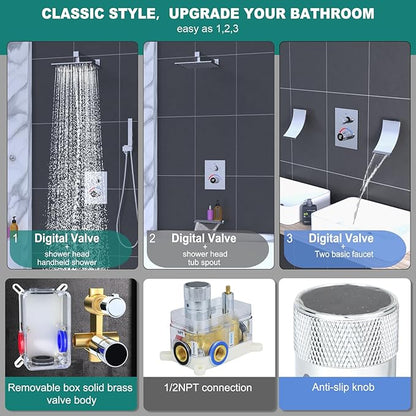Temperature Display 2 Way Shower Valve Brass Rough-in and Rectangle Trim Kit, Dual Function Digital Shower Mixer Valve, Chrome