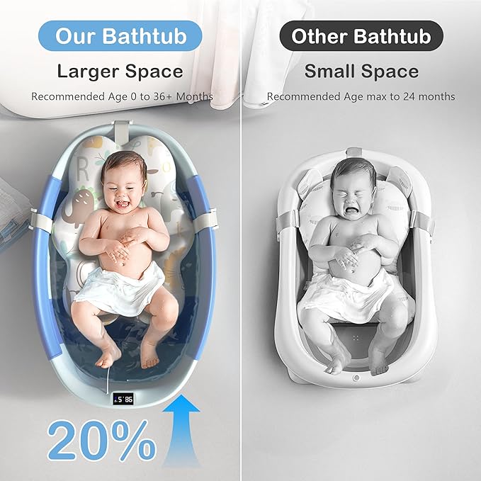Collapsible Baby Bathtub - Large Baby Bath Tub with Thermometer & Cushion | Travel Portable Newborn Infant Bathtub | Foldable Toddler Bathtub for Baby 0 to 36 Months (Blue)