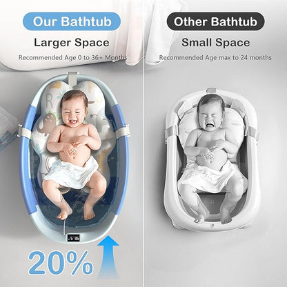 Collapsible Baby Bathtub - Large Baby Bath Tub with Thermometer & Cushion | Travel Portable Newborn Infant Bathtub | Foldable Toddler Bathtub for Baby 0 to 36 Months (Blue)