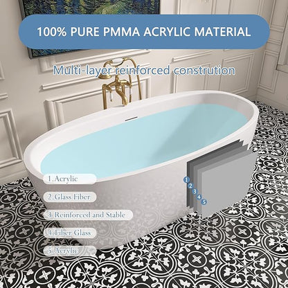 59" Free Standing Tub, Pure Acrylic Freestanding Bathtub, Stylish Stand Alone Contemporary Deep Soaking Bath Tub, cUPC Certified SY5850 (Glossy White)