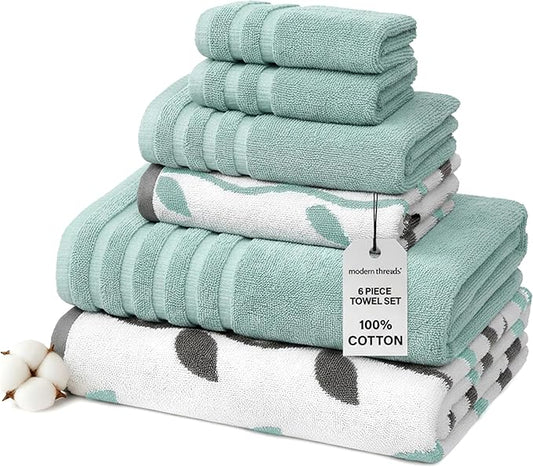 Modern Threads Organic Vines 6-Piece 100% Cotton Towel Set – Yarn Dyed Jacquard & Solid – Includes 2 Bath Towels, 2 Hand Towels, 2 Washcloths – Absorbent, Quick Dry, Soft & Durable – Aqua