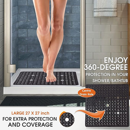 ENKOSI Square Shower Mat 27x27 inch - Large Anti Slip Shower Floor Mat - Non Slip Bathroom Shower Stall Mats with Strong Secure Suction Cups and Drain Holes in Middle Beige Opaque 27x27