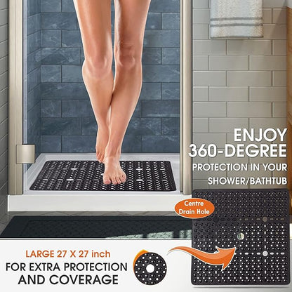 ENKOSI Square Shower Mat 27x27 inch - Large Anti Slip Bathroom Shower Stall Mats for Smooth Shower Floors - Square Bath Mat with Strong Secure Suction Cups and Drain Holes in Middle (White 27x27)