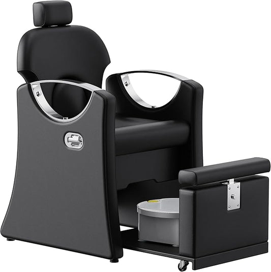 Pedicure Station for Nail Tech, Reclining Pedicure Chair with Massage Foot Bath, No Plumbing Pedicure Station Unit (Black-Sliver)