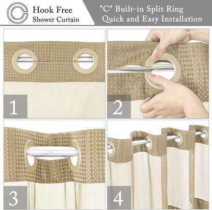 Gibelle Long Shower Curtain 72x80, Waffle Weave Bathroom Shower Curtain with Snap-in Fabric Liner Set, No Hooks Needed, Hotel Style with Mesh Top Window, Beige