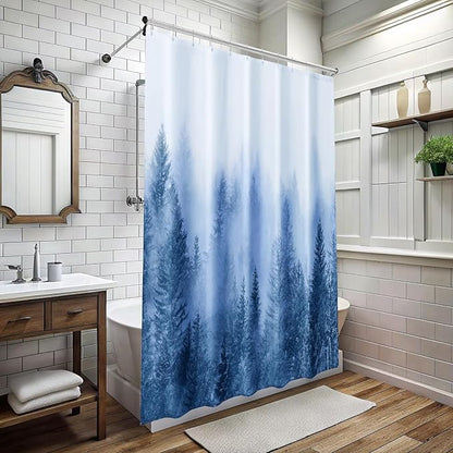 ORTIGIA 84 Inch Long Blue Misty Forest Shower Curtain for Bathroom, Nature Woodland Shower Curtain Set with Hooks, Decorative Pine Tree Fog Magic Bath Curtain, Waterproof Fabric, Weighted, 72x84