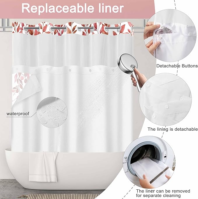 No Hook Shower Curtain and Liner Set, Red Eucalyptus Floral Shower Curtains for Bathroom, Bath Curtain Sets with Snap in Liner, Waterproof with See Through Top Window, 71x74 Inches