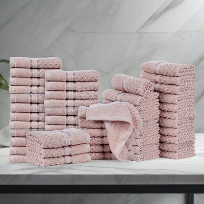 Ample Decor 100% Cotton Washcloths Set of 50 - Highly Absorbent, Popcorn Textured - Mulaayam Collection - Soft Pink 12 X 12 Inch