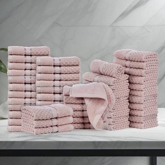 Ample Decor 100% Cotton Washcloths Set of 50 - Highly Absorbent, Popcorn Textured - Mulaayam Collection - Soft Pink 12 X 12 Inch