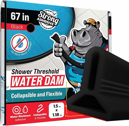 Shower Threshold Water Dam Barrier 67" - Black Collapsible Shower Water Blocker - Shower Guard for Walk in Shower - Water Guard Stopper for Floor - Shower Dam - 1.5" Tall - By Hippo Dam