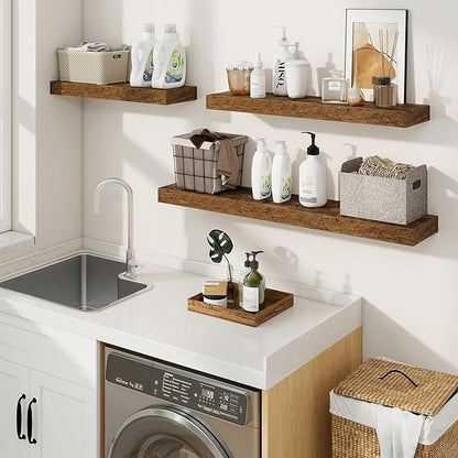 fuqing Floating Shelves for Wall, Wall Mounted Wood Floating Shelf with Invisible Brackets for Living Room, Bathroom, Bedroom, Kitchen Storage and Decor, 40 Inch Set of 2, Rustic Brown