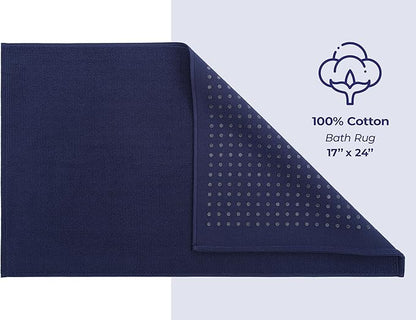 American Soft Linen Bath Rug, 17 in 24 in 100% Cotton Bath Mats Rugs for Bathroom, Slip Reducer Washable Shaggy Form Area Rugs, Navy Blue Bath Rug