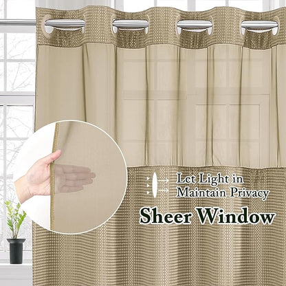 Gibelle Extra Long Shower Curtain 72x86, Waffle Weave Bathroom Shower Curtain with Snap-in Fabric Liner Set, No Hooks Needed, Hotel Style with Mesh Top Window, Beige