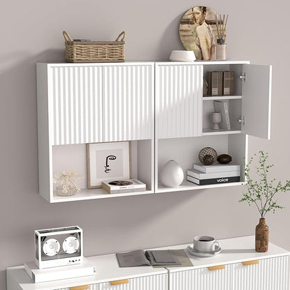 Fluted Bathroom Wall Cabinet Over The Toilet Storage,Wall Mounted Cabinet with Adjustable Shelf,Floating and Hanging Organizer,Kitchen and Laundry Room Storage (White-2 Pcs)