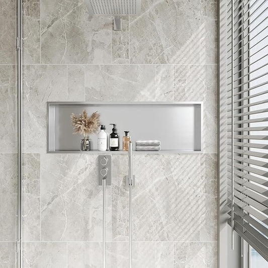 Neodrain No Tile Shower Niche, Shower Cabinet Bathroom Shelf, Inner Size 36" X 12" X 4", Brushed Stainless Steel Bathroom Recessed Wall Niche Cubby, NO Tile Needed for Storage