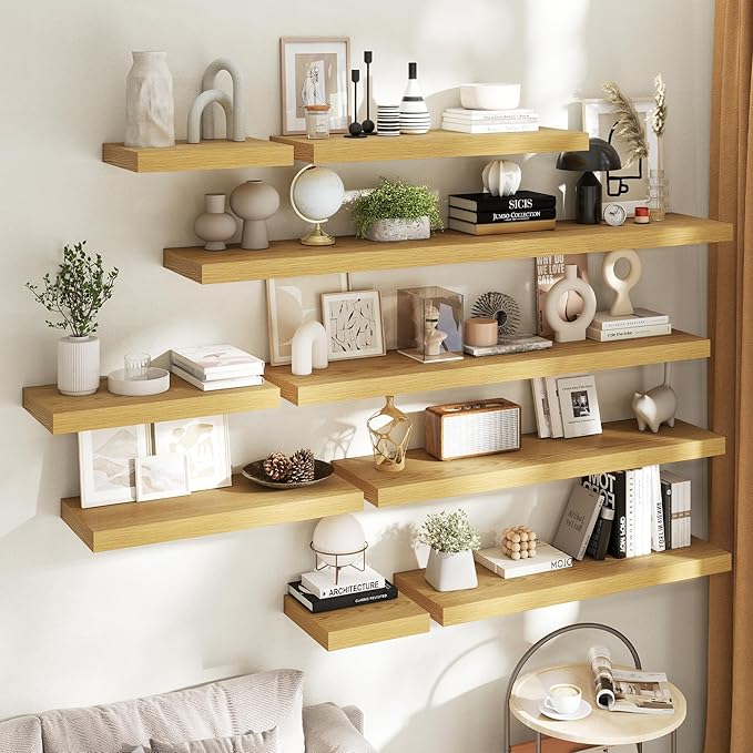 12 Inch Square Floating Shelves for Wall 2 Pack, 12"D Wood Grain Bathroom Shelves with Invisible Brackets, Easy Install Engineered Wood Storage Shelves for Kitchen, Living Room, Bedroom, Oak Finish