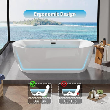 71 Inch Luxury Acrylic Freestanding Bathtub with Air Bubble & HydroJet Massage, Multi-Color LED Mood Lighting, Oversized Soaking Spa for Modern Bathrooms
