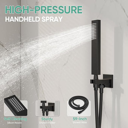 Black Tub Shower System, All Metal Tub Shower Faucet Set with 12" Rain Shower Head and Handheld Spray combo, Wall Mounted Shower Systems with Tub Spout, Valve and Trim Kit, Matte Black