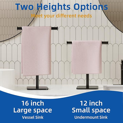 RUACQ T-Shape Hand Towel Holder Stand, Weighted Base Towel Rack, 12" Countertop Towel Holder for Bathroom, 304 Stainless Steel, Heavy Duty (Matte Black, 2 Pack)