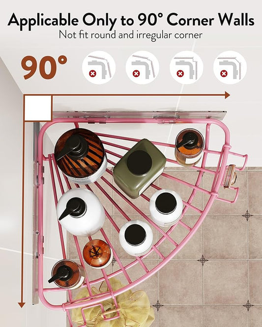Orimade Corner Shower Caddy with 2 Hooks Wall Mounted Metal Bathroom Shelf Storage Organizer Adhesive No Drilling 2 Pack, Pink Only for 90-Degree Corner
