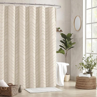 Beige Boho Fabric Shower Curtain 60 x 72 Modern Shabby Chic Textured Tufted Chevron Striped Minimalist Cloth Bathroom Shower Curtain