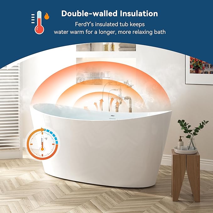 FerdY Naha Elite 59" Acrylic Freestanding Bathtub, Curve Edge Freestanding Soaking Bathtub, Glossy White, cUPC Certified, Matte Black Drain & Minimalist Linear Design Overflow Included