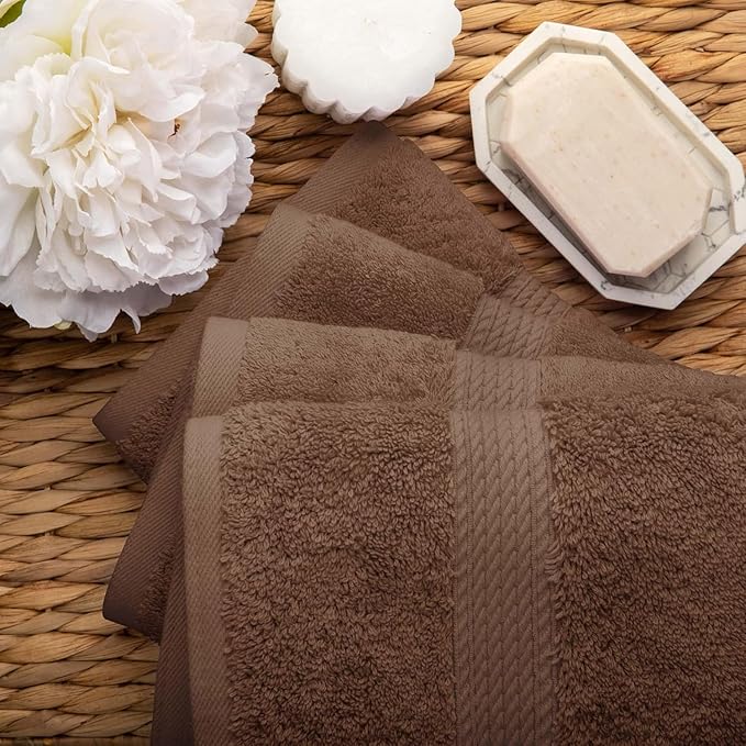 Superior Egyptian Cotton Pile Hand Towel Set of 4, Ultra Soft Luxury Towels, Thick Plush Essentials, Absorbent Heavyweight, Guest Bath, Hotel, Spa, Home Bathroom, Shower Basics, Chocolate