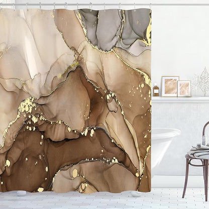 Extra Long Shower Curtain 72 x 84 Inch, Brown Tall Abstract Marble Shower Curtains for Bathroom, Modern Luxury Art Decor Ink Texture Fabric Shower Curtain Set with Hooks