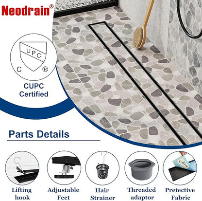 Neodrain 30-Inch Linear Shower Drain with Tile Insert Grate,Matte Black 304 Stainless Steel Rectangle Shower Floor Drain, Linear Drain with Leveling Feet, Hair Strainer