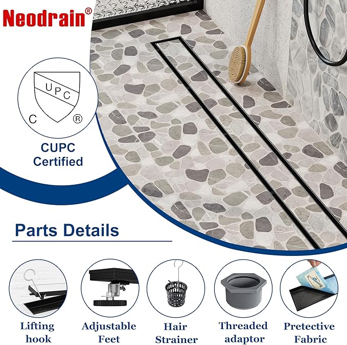Neodrain 18-Inch Linear Shower Drain with Tile Insert Grate, Matte Black 304 Stainless Steel Rectangle Shower Floor Drain, Linear Drain with Leveling Feet, Hair Strainer