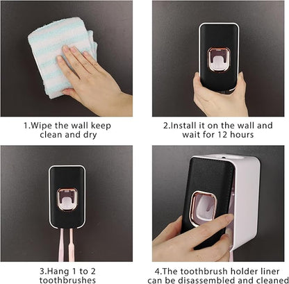 2 Slot Plastic Toothbrush Holder and Toothpaste Dispenser Wall Mounted, Automatic Toothpaste Squeezer, 2 in 1 Tooth Brush Toothpaste Organizer for Shower (Black)